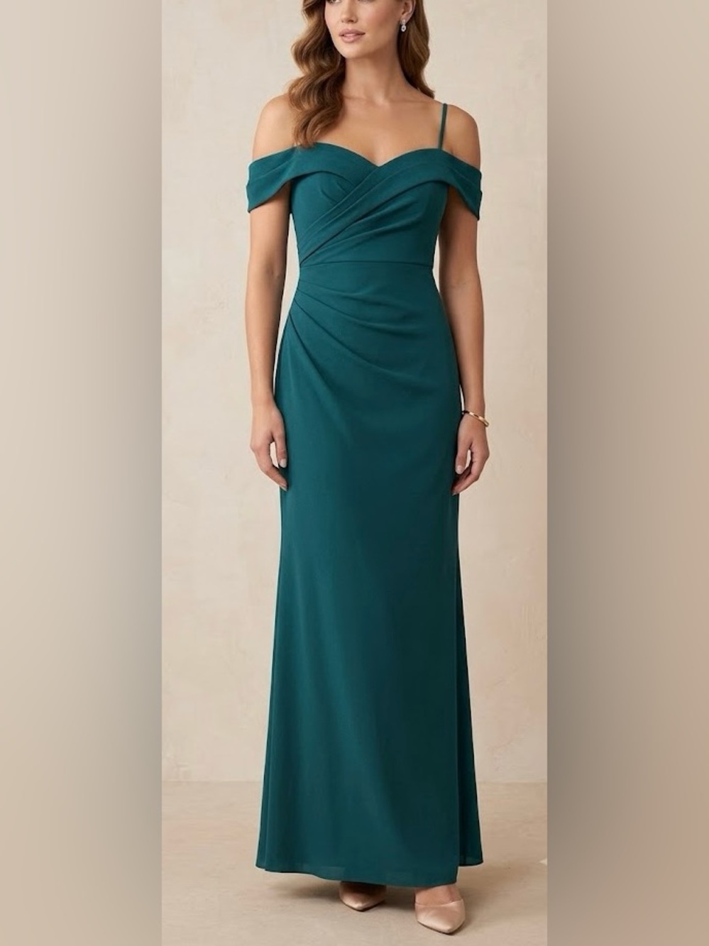 Bill Levkoff Women’s  Evergreen Stretch Crepe  Off The Shoulder maxi Dress Siz 6